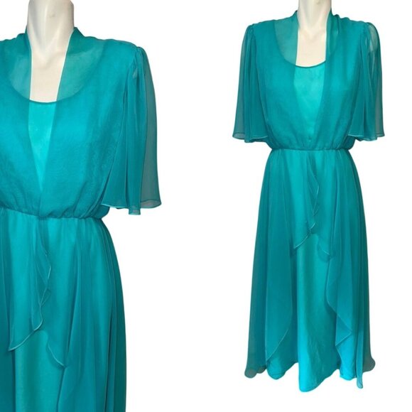 Vtg 70s Mike Benet Blue Chiffon Flowy Fairycore Angel Dress Size Medium Large - Picture 1 of 9